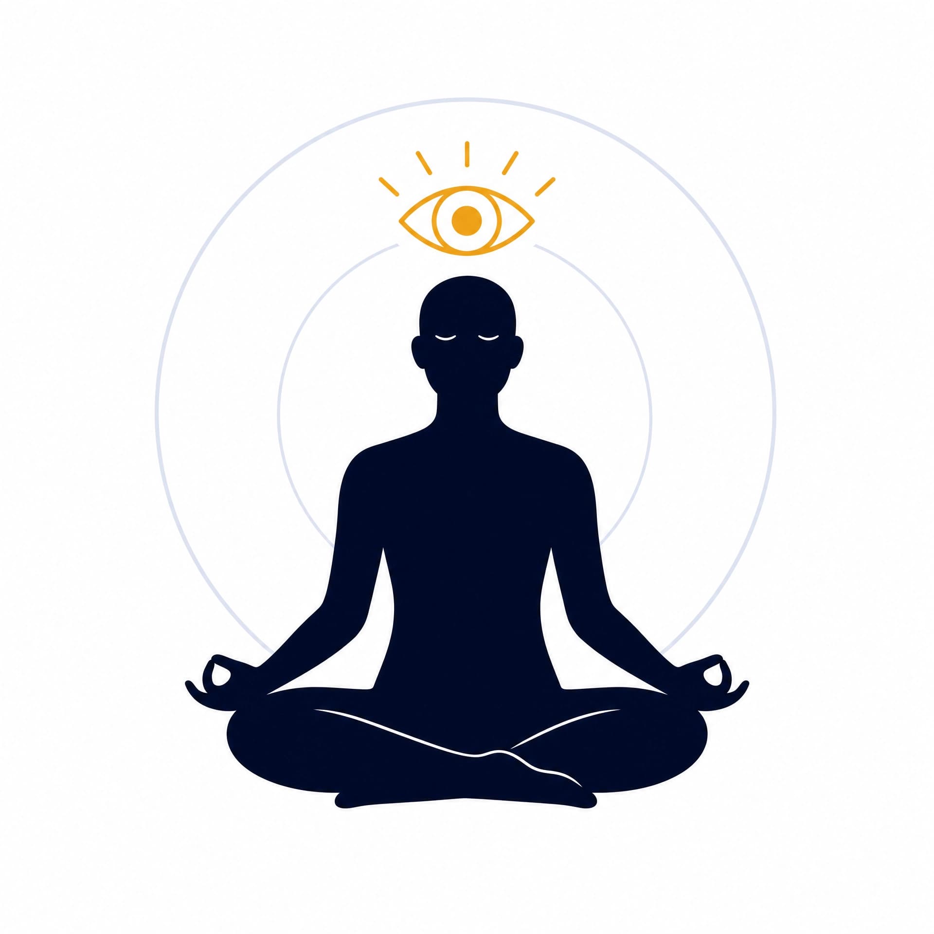 A meditating figure beneath an open eye, representing awareness