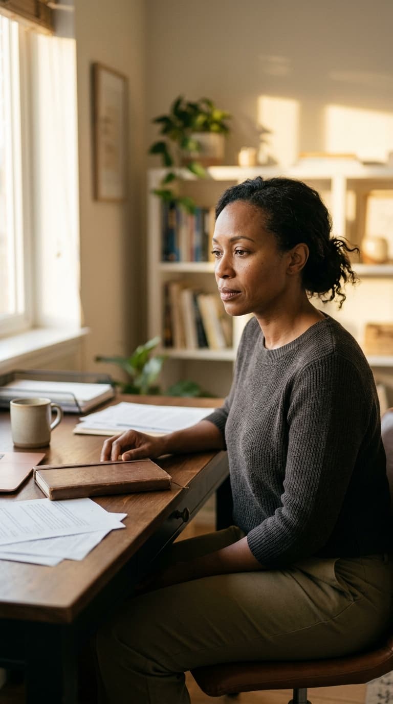 Woman reflecting at a desk by a window